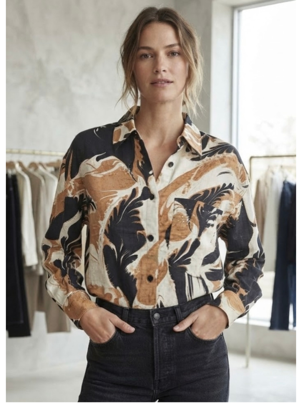 Joie Linen Blend Button Down Shirt Small Abstract Botanical Leaf Print NWOT Boho
